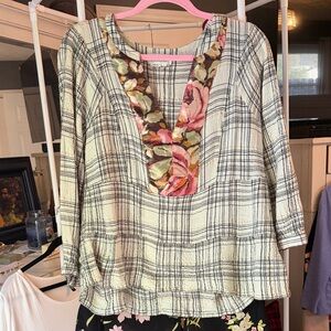 Anthropologie Ivory & Black Plaid Tunic with Pink Floral V-Neck Trim